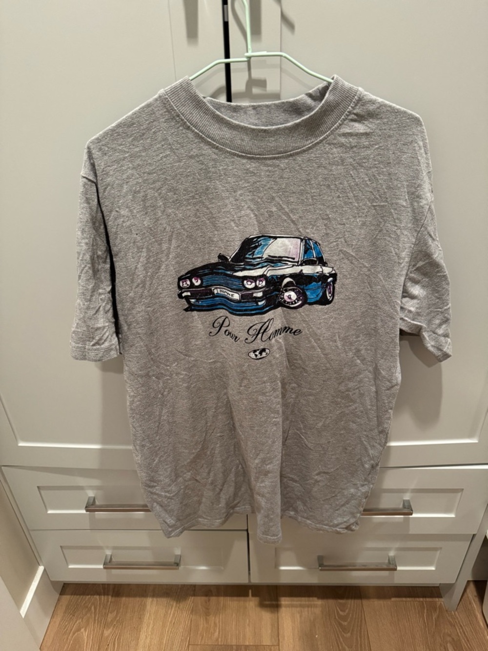 Gray Graphic Tee with Blue Vintage Car